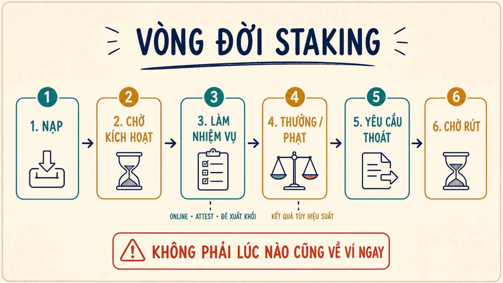 Vòng đời staking từ nạp, chờ kích hoạt, làm nhiệm vụ đến thoát và rút