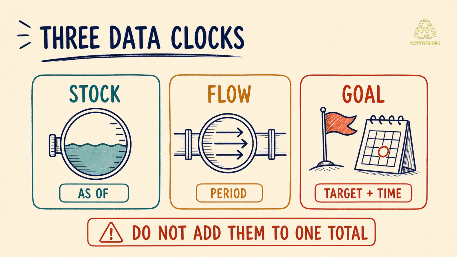 Ba loại dữ liệu stock flow và goal với mốc thời gian khác nhau