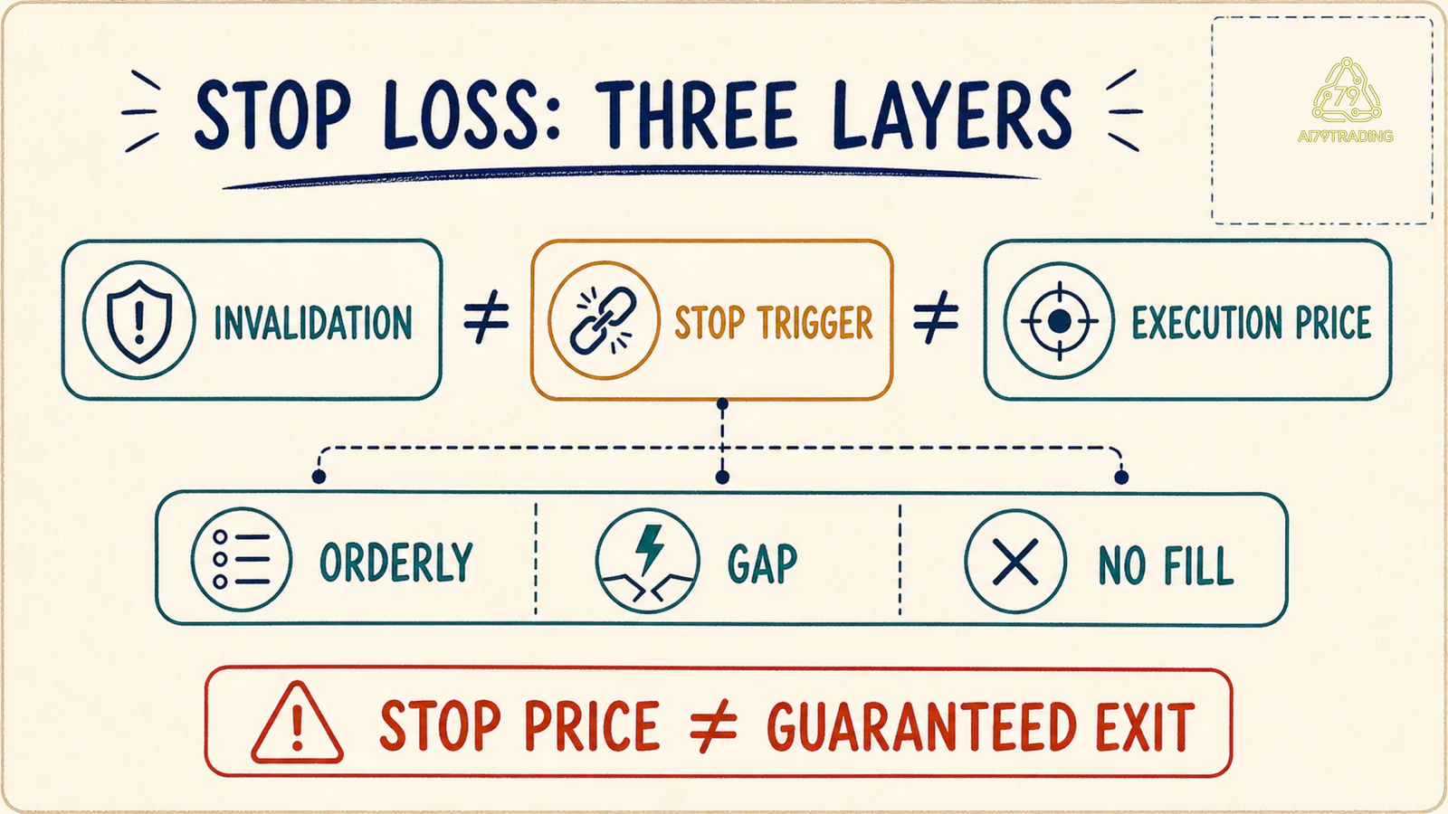 Ba lớp invalidation, stop trigger và execution price của Stop Loss