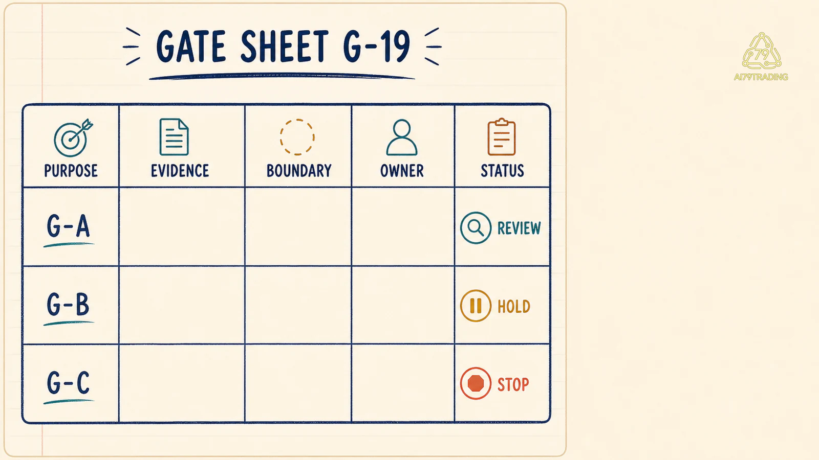 Gate sheet G-19 ba hàng mock có purpose, evidence, boundary owner và review status