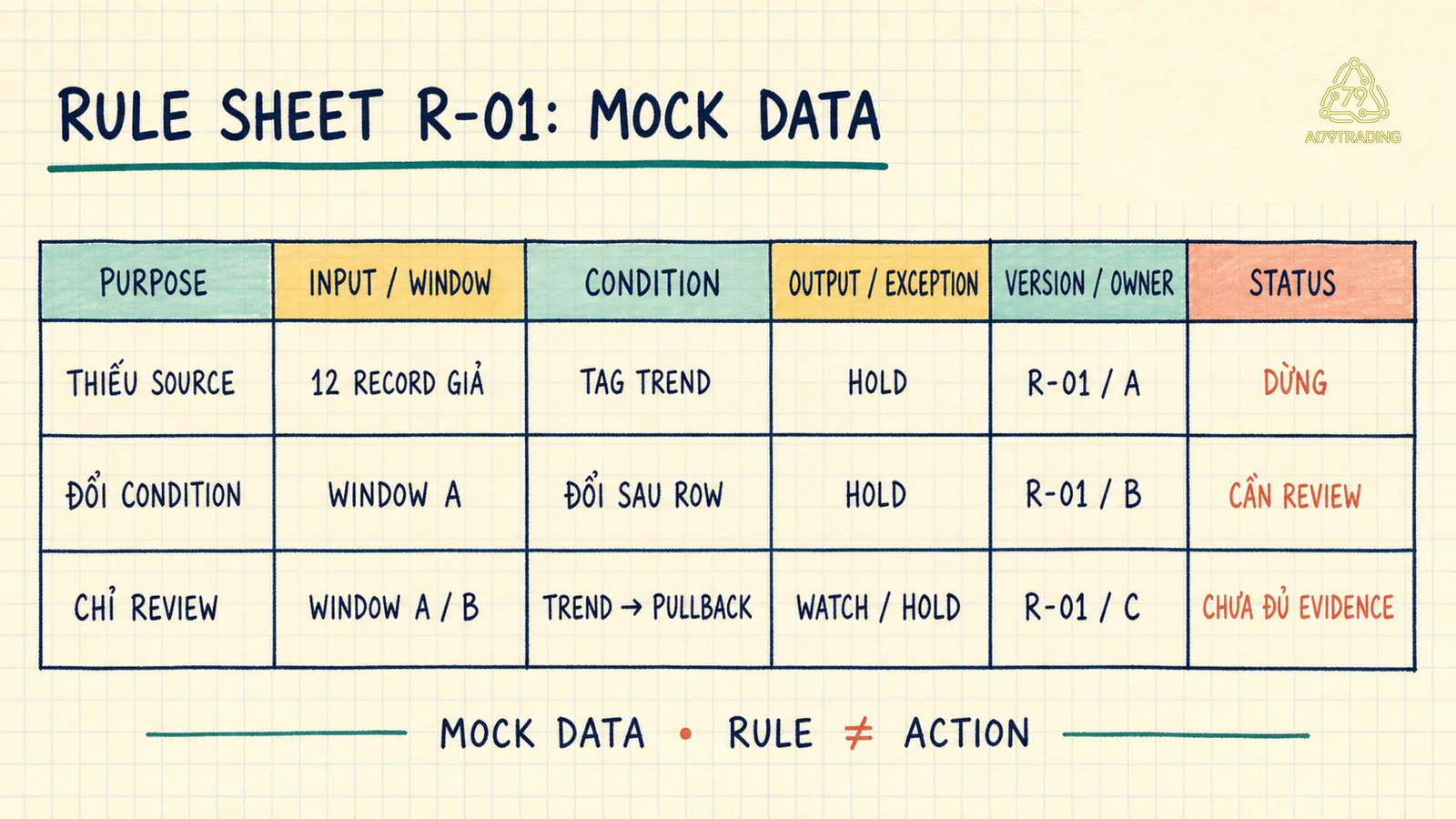 Bảng Rule Sheet R-01 mock data sáu cột với ba status Dừng, Cần review và Chưa đủ evidence