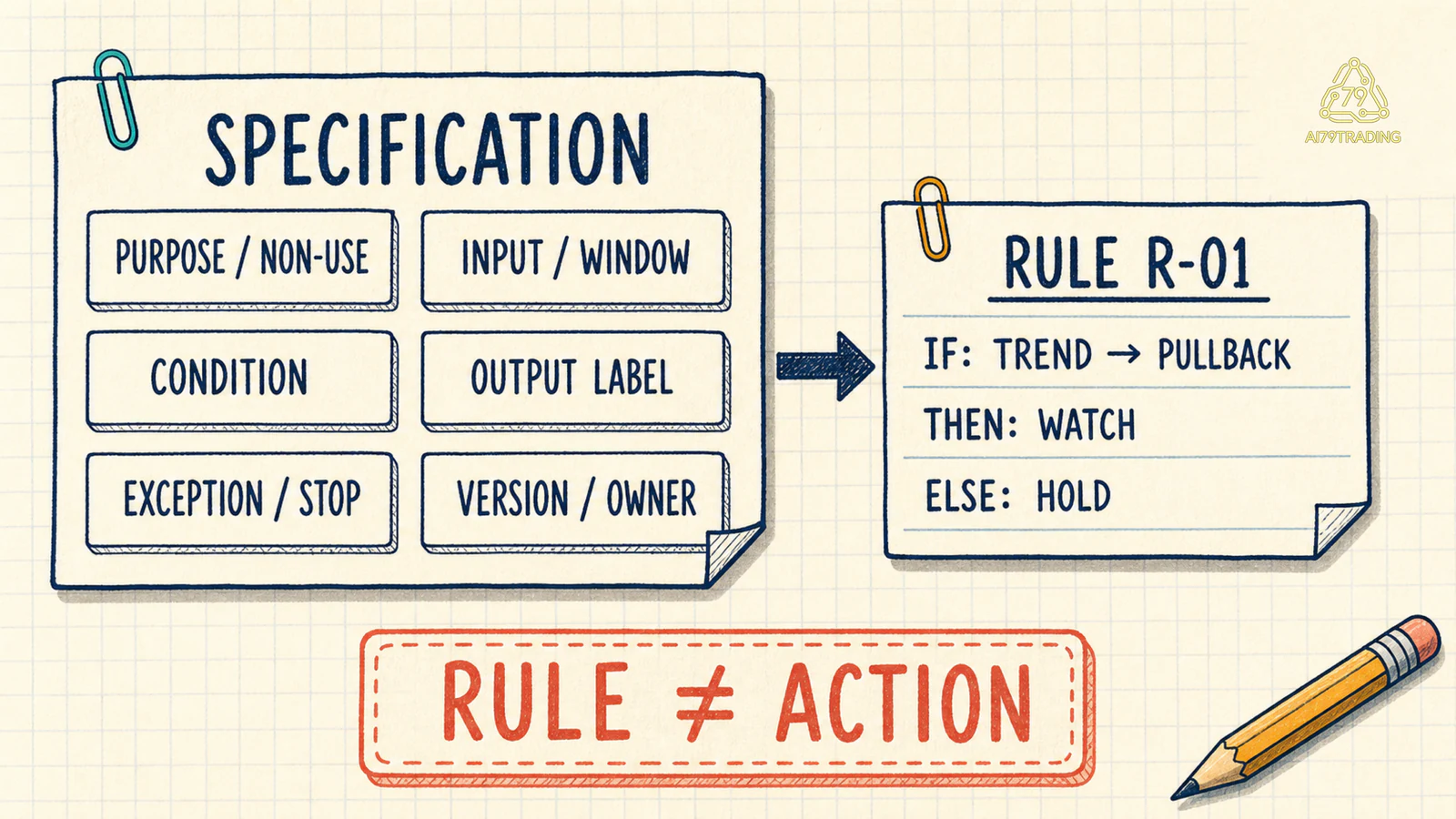 Tờ Specification sáu ô nối sang Rule R-01 có điều kiện TREND rồi PULLBACK, nhãn WATCH và ngoại lệ HOLD