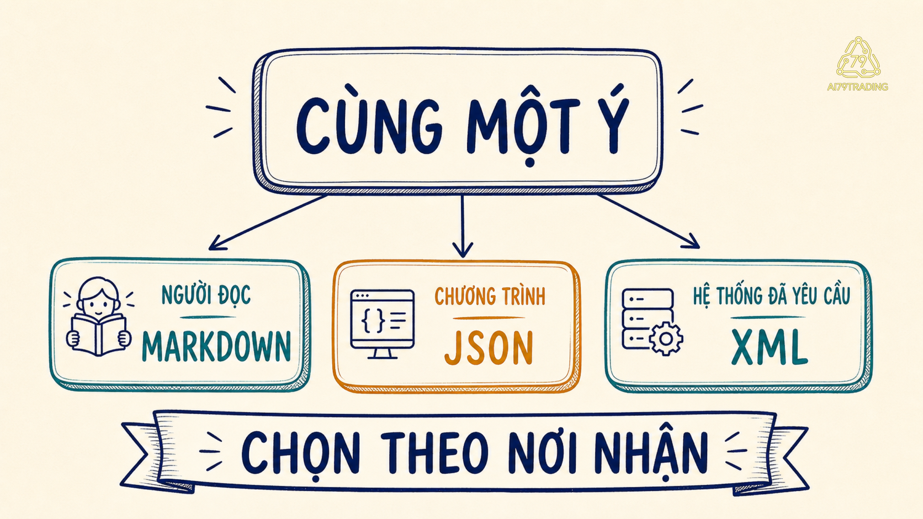 Cùng một ý được chuyển thành Markdown cho người đọc, JSON cho chương trình và XML cho hệ thống yêu cầu thẻ