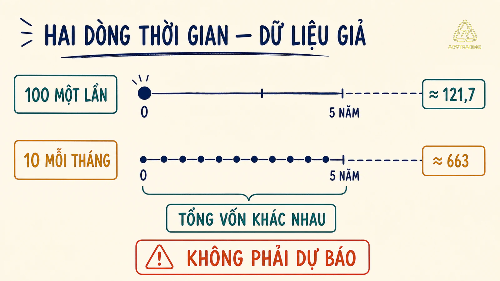 Hai dòng thời gian minh họa khoản góp một lần và khoản góp đều bằng dữ liệu giả