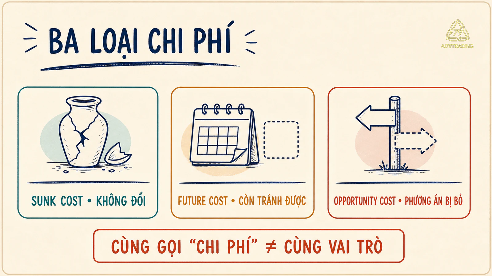 Ba loại gồm sunk cost không đổi, future cost còn tránh được và opportunity cost của phương án bị bỏ