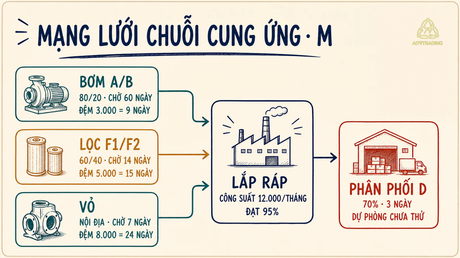 Bản đồ chuỗi máy M với bơm, bộ lọc, vỏ, nhà máy và phân phối cùng tỷ trọng, thời gian chờ và lớp đệm