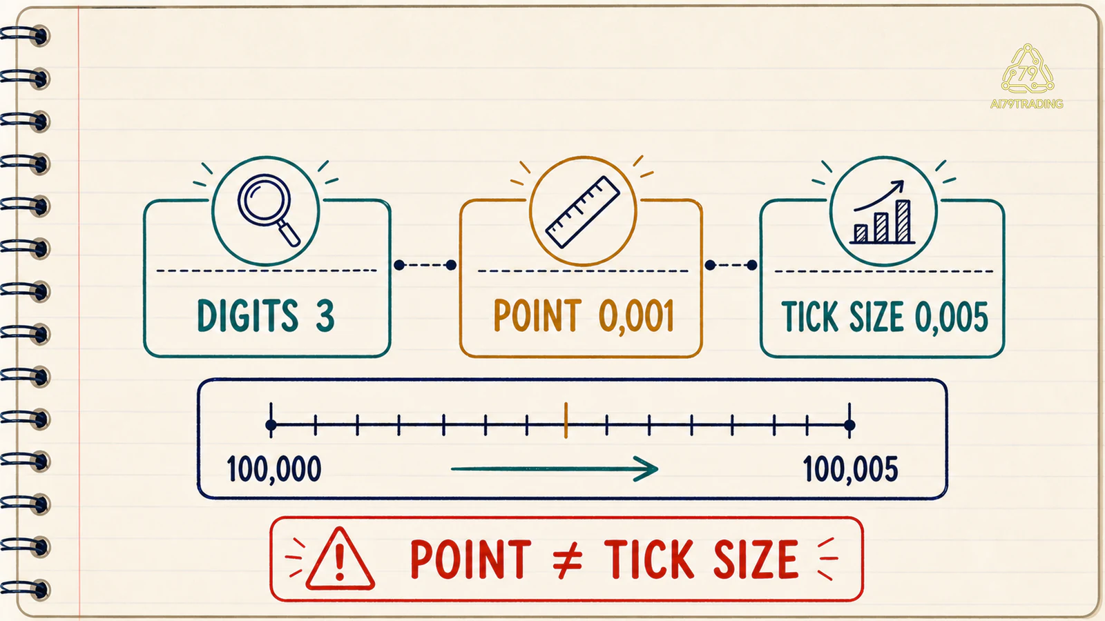 Sơ đồ so digits ba chữ số, point 0,001 và tick size 0,005 trên một bước giá giả