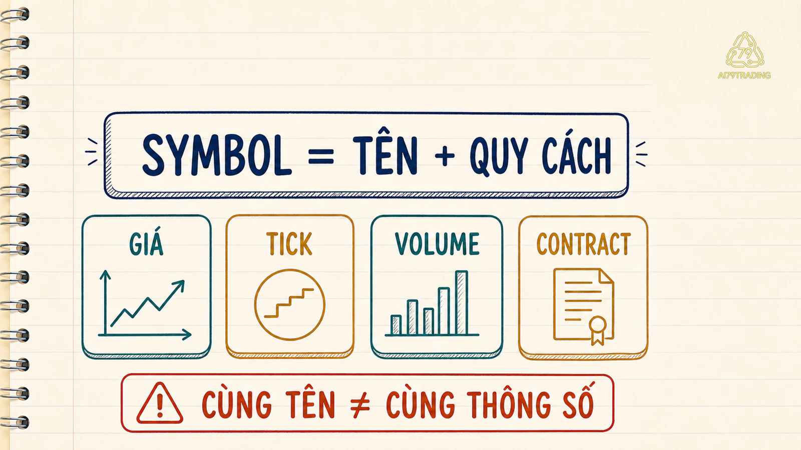 Thẻ symbol gồm tên cùng bốn nhóm quy cách giá, tick, volume và contract