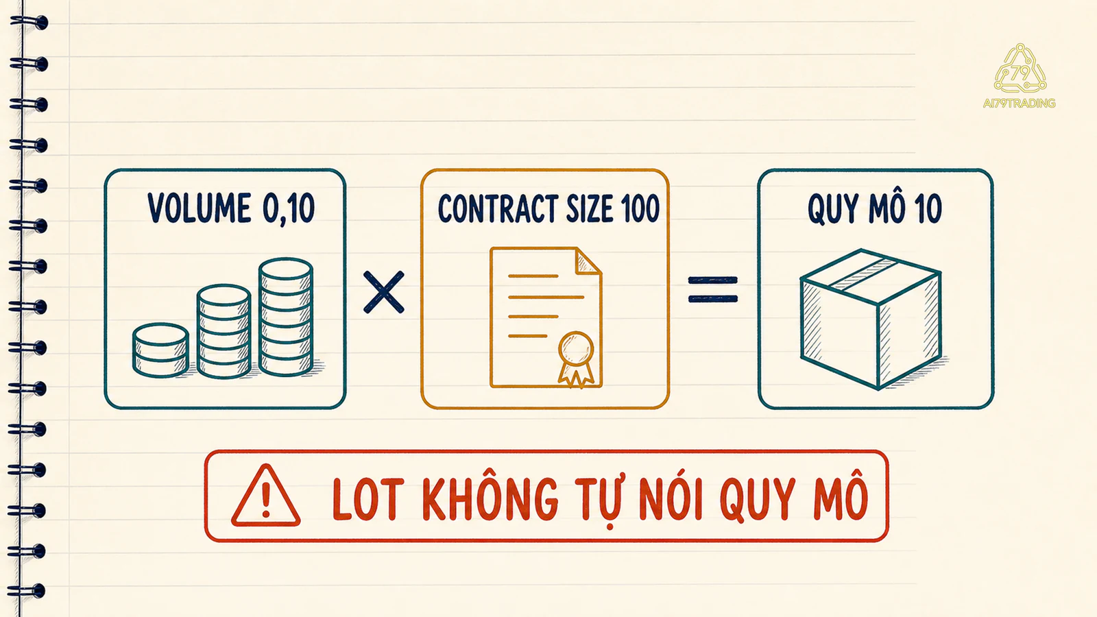 Phép nhân volume 0,10 với contract size 100 tạo quy mô minh họa 10