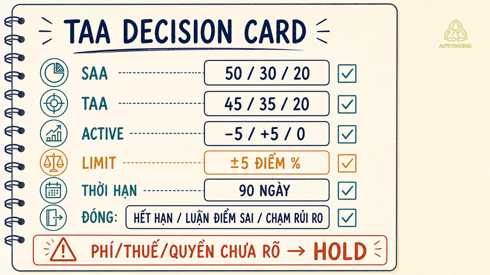 Thẻ quyết định TAA đã điền gồm SAA TAA active weight giới hạn thời hạn điều kiện đóng và trạng thái HOLD