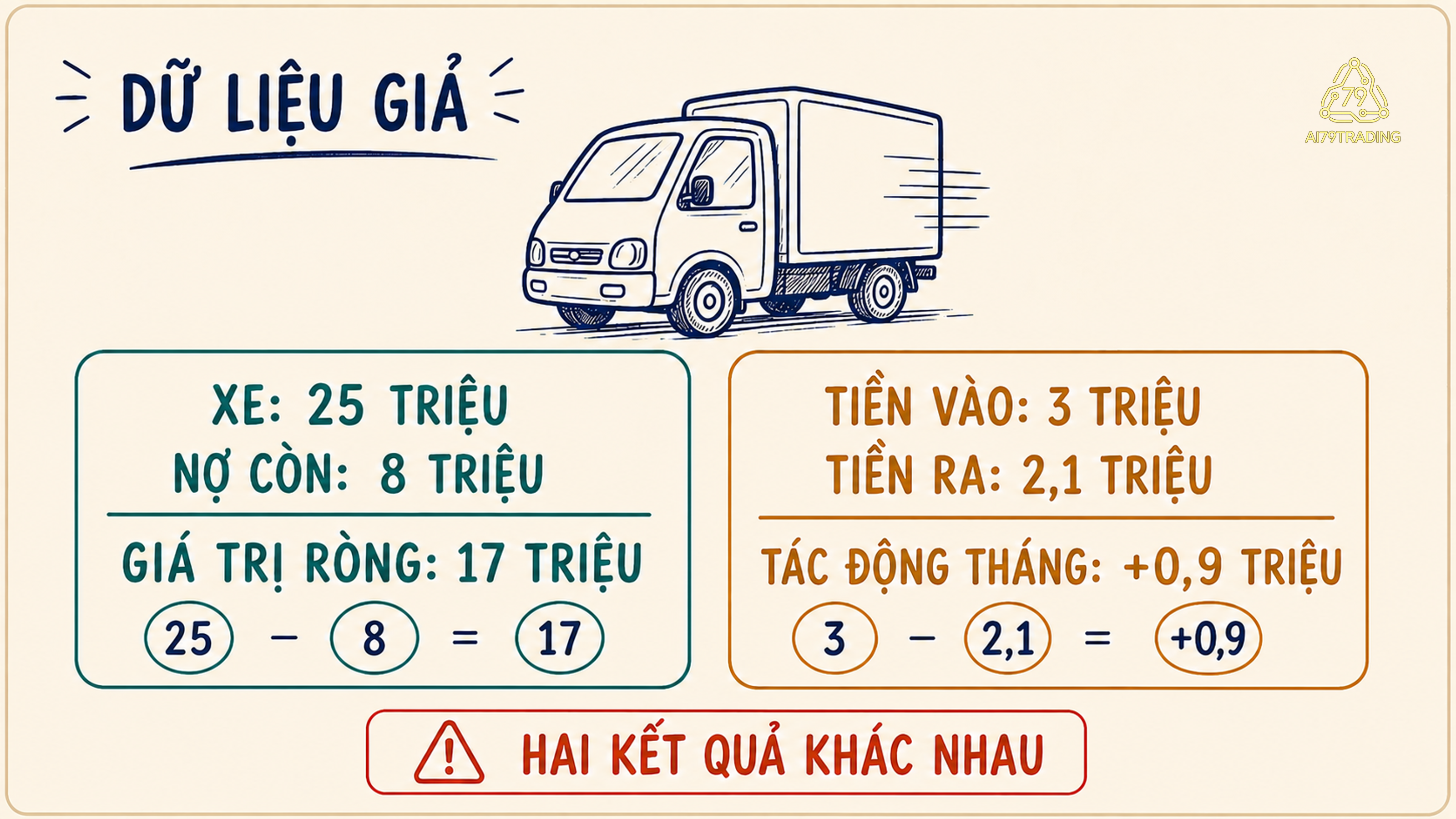Ví dụ giả tách giá trị xe 25 triệu, nợ còn 8 triệu và dòng tiền tháng dương 900 nghìn đồng theo các khoản đã liệt kê