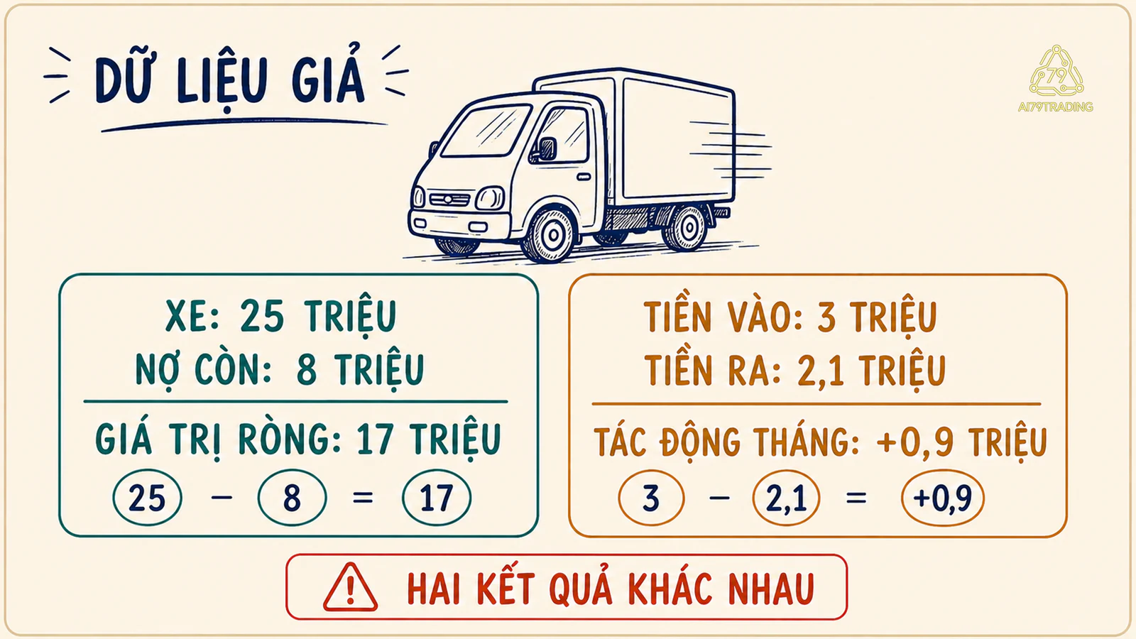 Ví dụ giả tách giá trị xe 25 triệu, nợ còn 8 triệu và dòng tiền tháng dương 900 nghìn đồng theo các khoản đã liệt kê