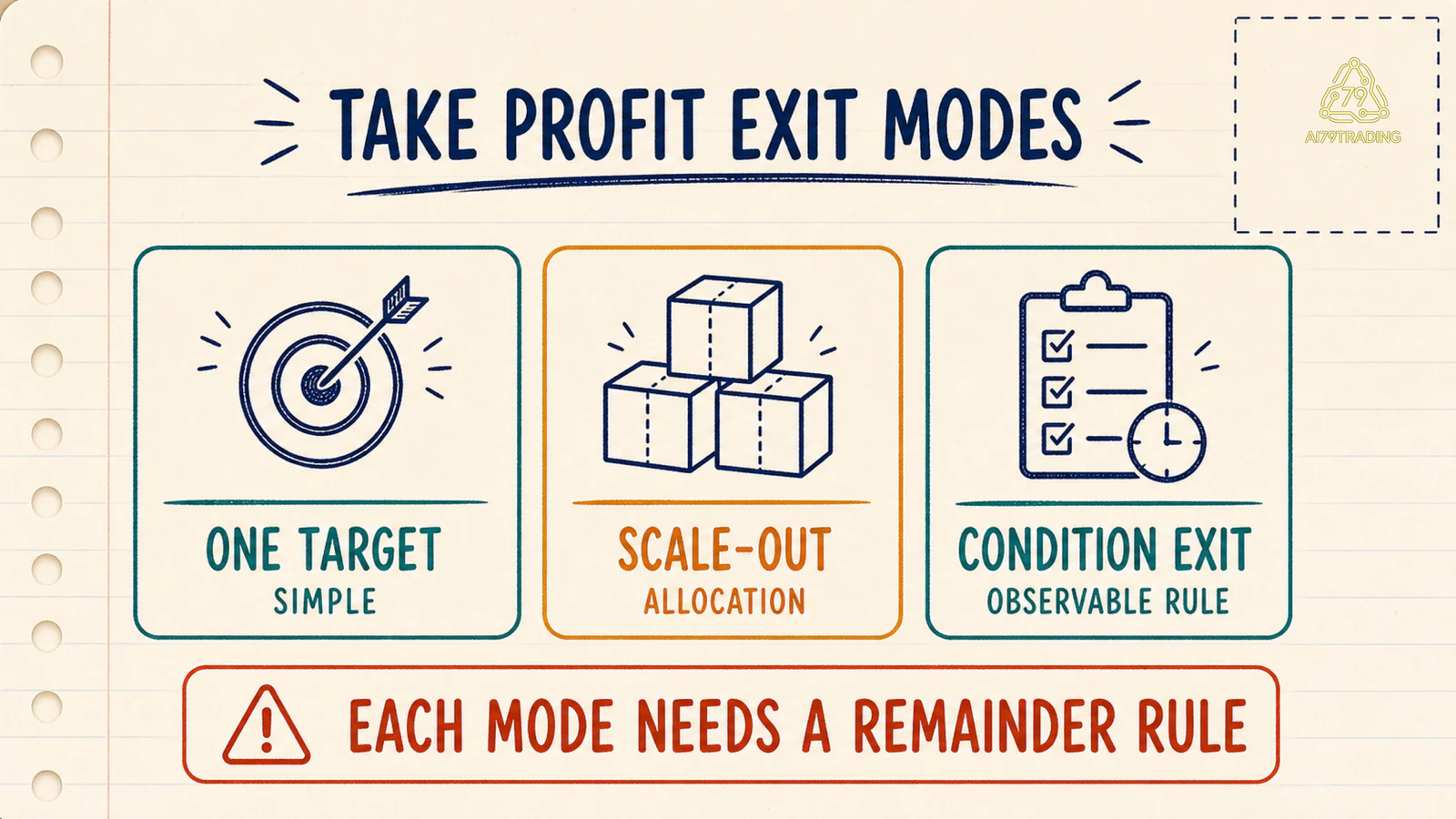 Ba mode Take Profit gồm một target, scale-out và condition exit