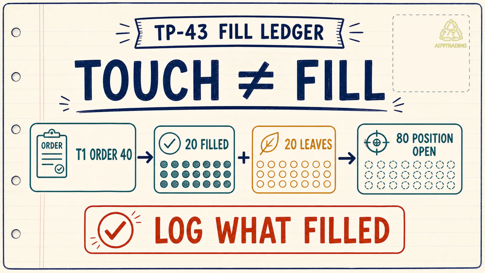Fill ledger tách target touch, partial fill, leaves quantity và position còn mở