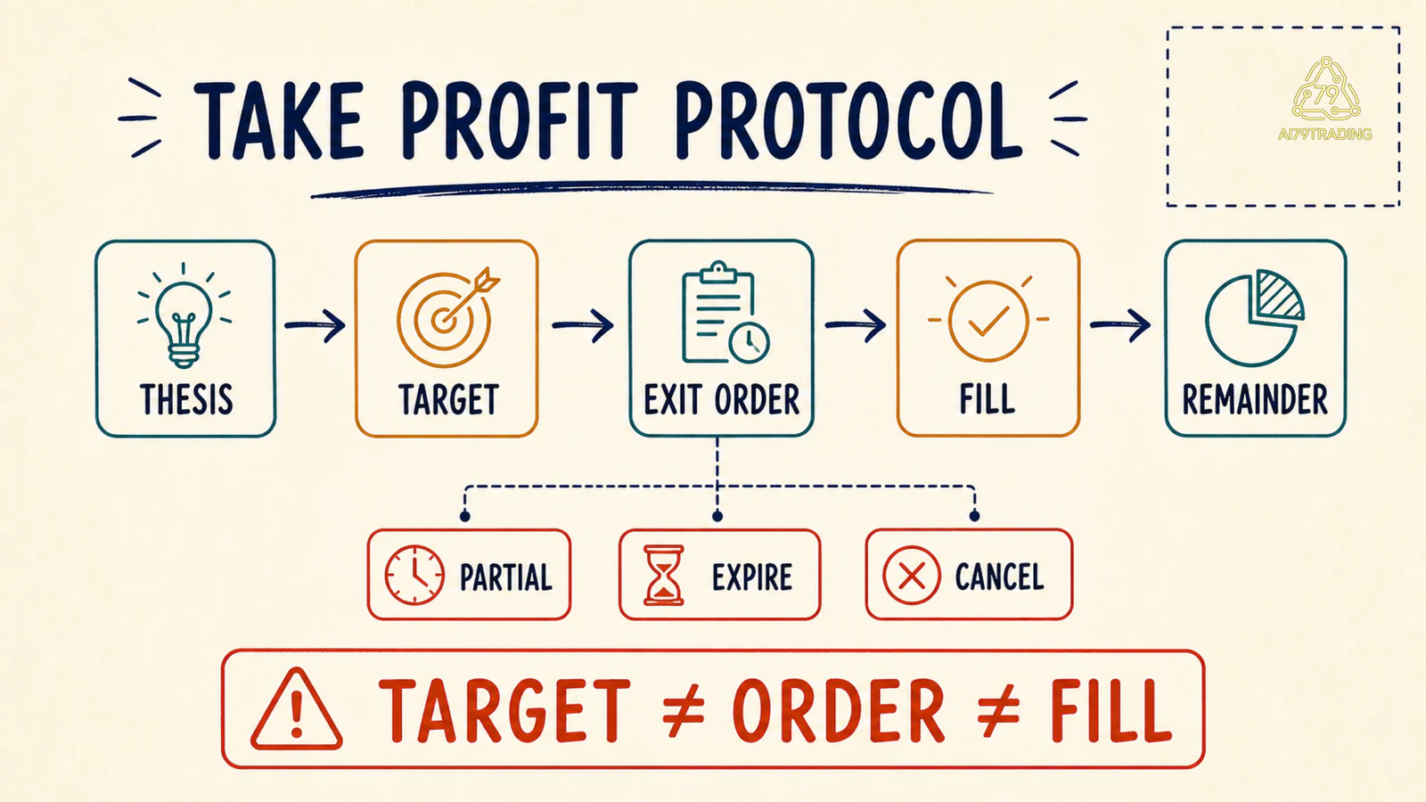 Pipeline Take Profit tách target, exit order, fill và phần position còn lại