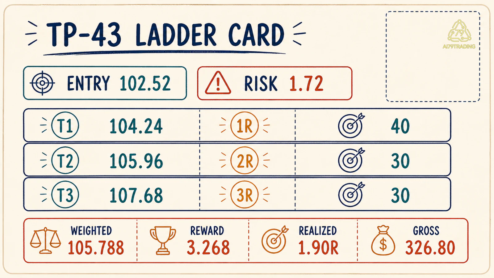 Take Profit Card TP-43 với ladder, allocation và weighted exit