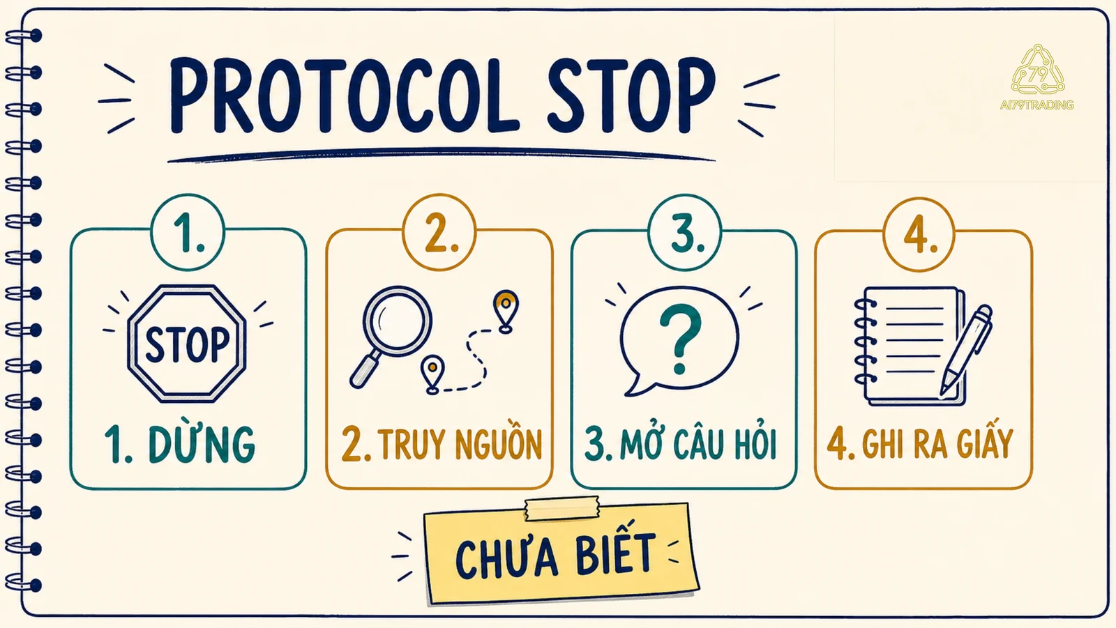 Checklist STOP gồm dừng, truy nguồn, mở câu hỏi và ghi ra giấy