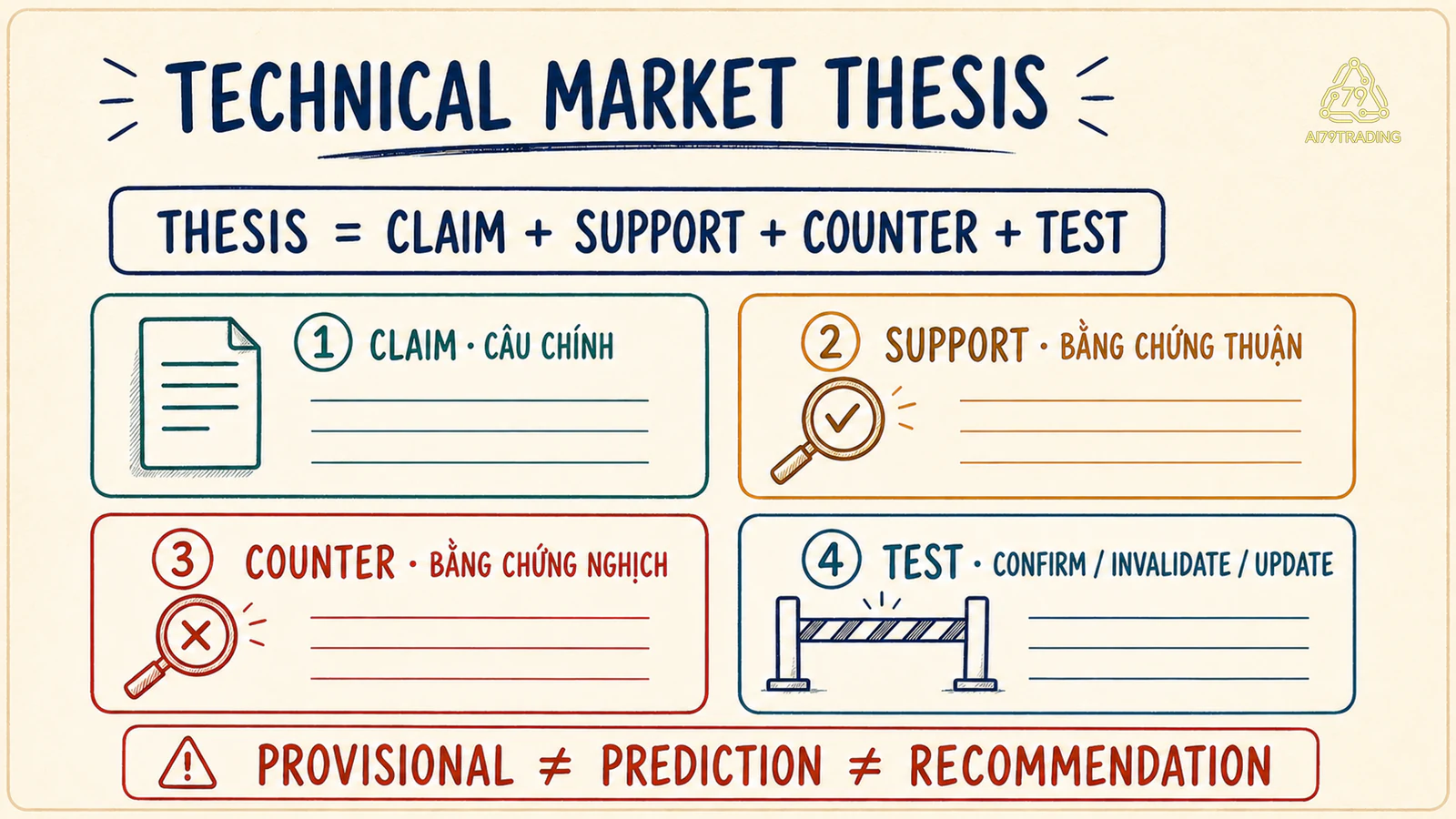 Thẻ cốt lõi của Technical Market Thesis với câu chính, bằng chứng, phản biện và phép kiểm