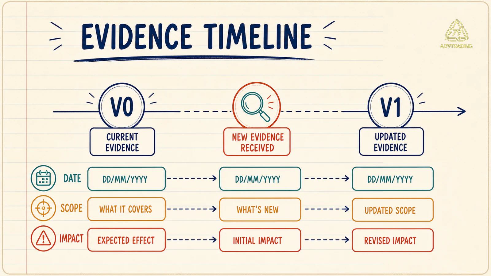 Timeline evidence từ V0 sang V1 với scope và thời điểm