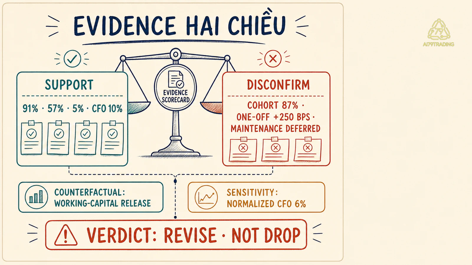 Scorecard support, disconfirming evidence và verdict revise