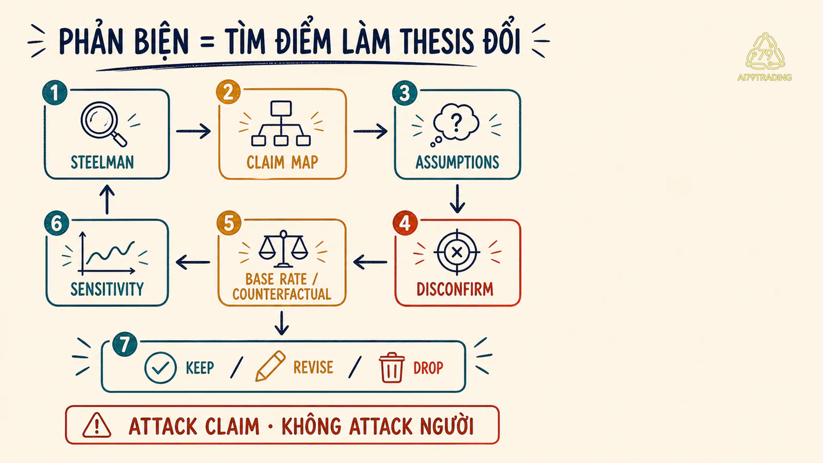 Bảy bước phản biện thesis từ steelman đến verdict