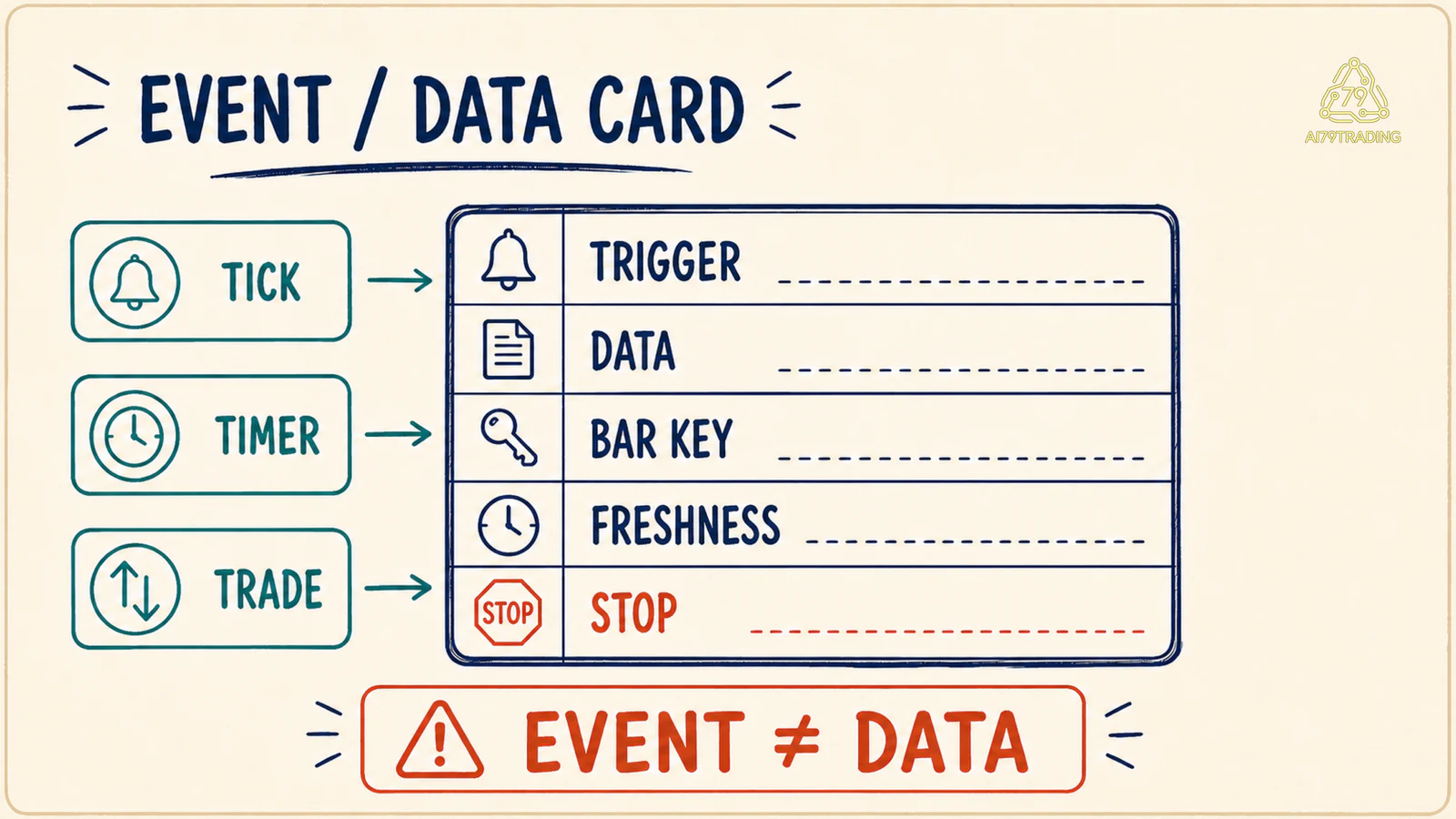 Event Data Card gồm trigger, data, bar key, freshness và stop condition