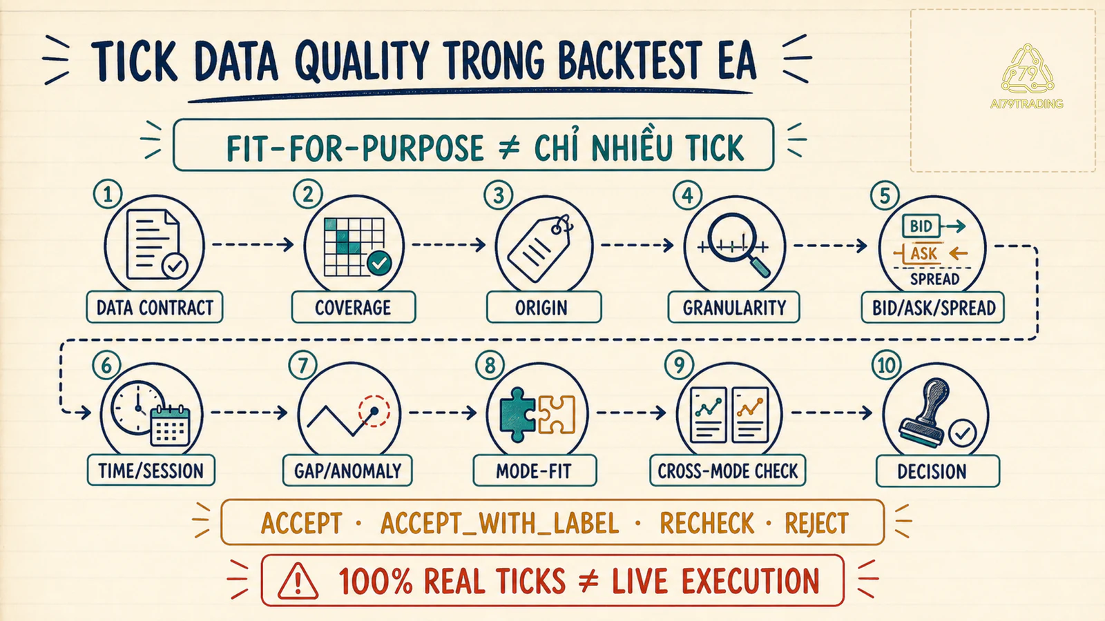 Sơ đồ kiểm định Tick Data Quality từ contract nguồn dữ liệu đến quyết định chấp nhận hoặc loại