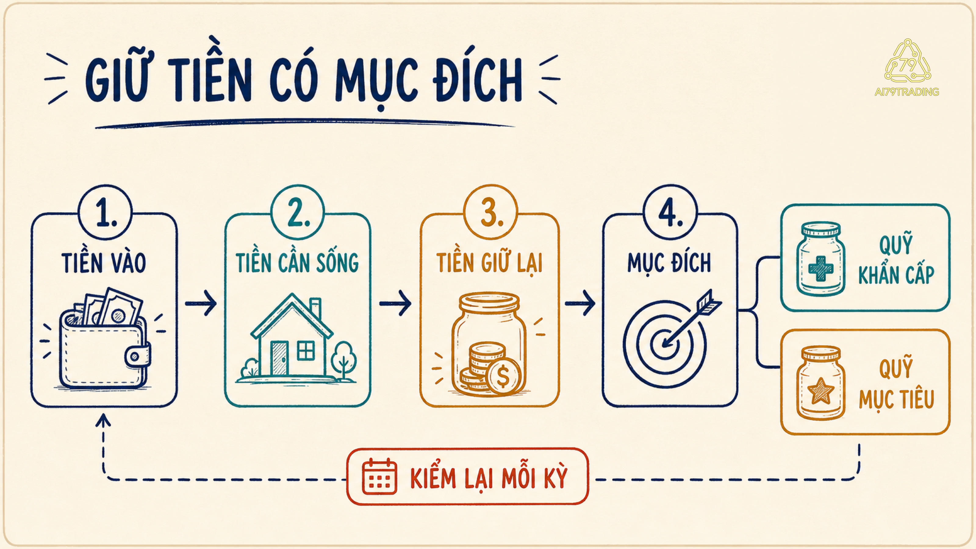 Sơ đồ bốn ngăn từ tiền vào, tiền cần sống, tiền giữ lại đến quỹ khẩn cấp và quỹ mục tiêu