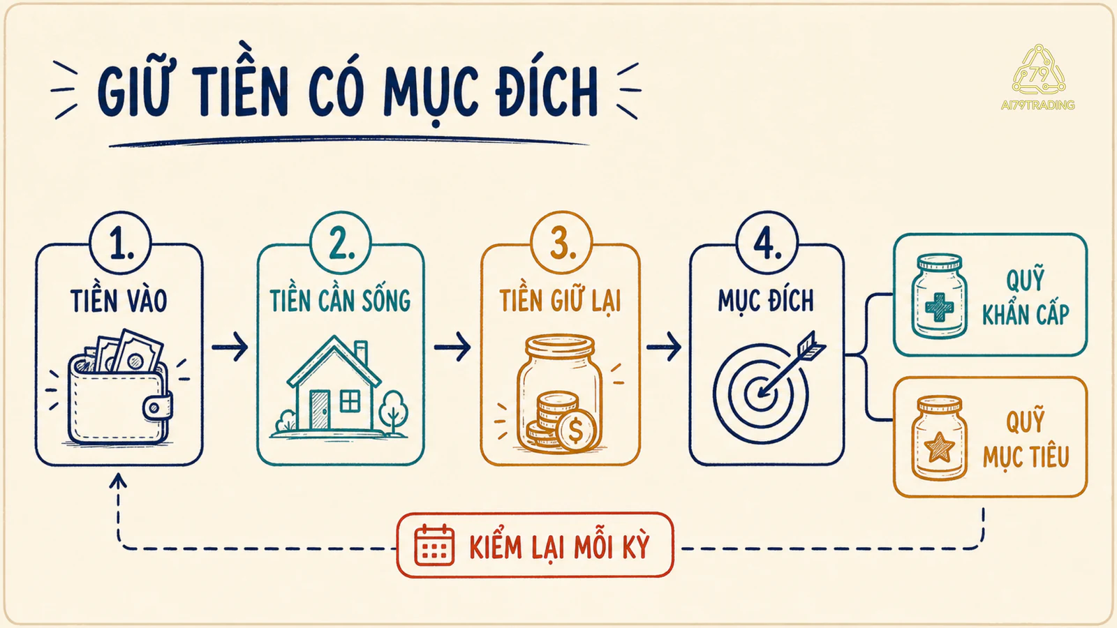 Sơ đồ bốn ngăn từ tiền vào, tiền cần sống, tiền giữ lại đến quỹ khẩn cấp và quỹ mục tiêu