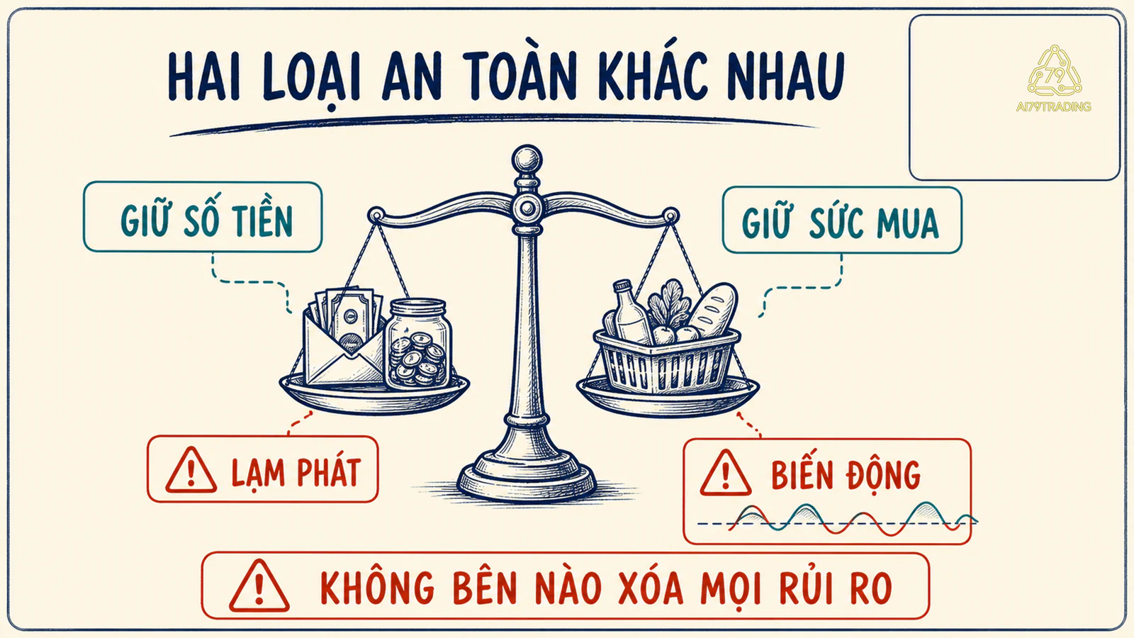 Cán cân so sánh việc giữ số tiền với giữ sức mua, cùng giới hạn lạm phát và biến động