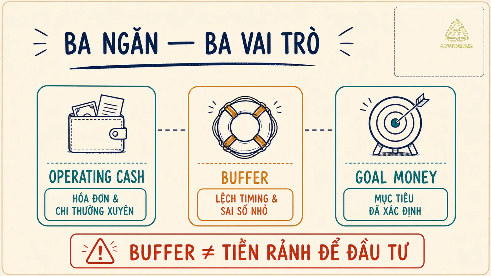 Ba ngăn operating cash, buffer và goal money với vai trò hóa đơn, hấp thụ lệch timing và mục tiêu tương lai