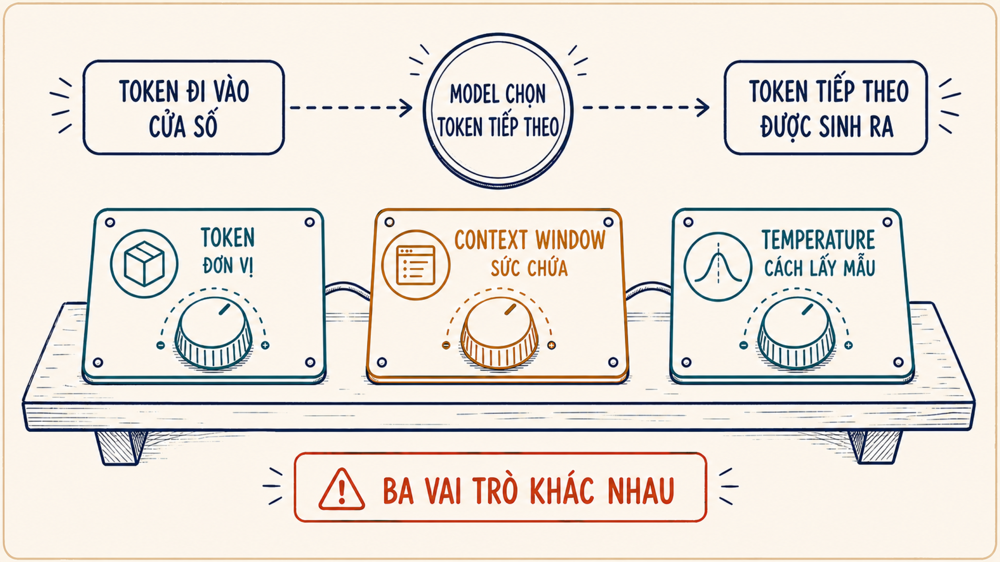 Sơ đồ bàn làm việc nối token, cửa sổ ngữ cảnh và temperature theo ba vai trò đơn vị, sức chứa và cách lấy mẫu
