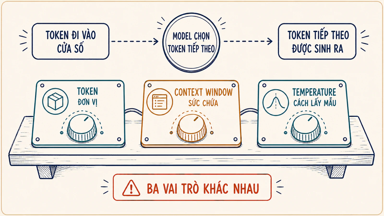 Sơ đồ bàn làm việc nối token, cửa sổ ngữ cảnh và temperature theo ba vai trò đơn vị, sức chứa và cách lấy mẫu