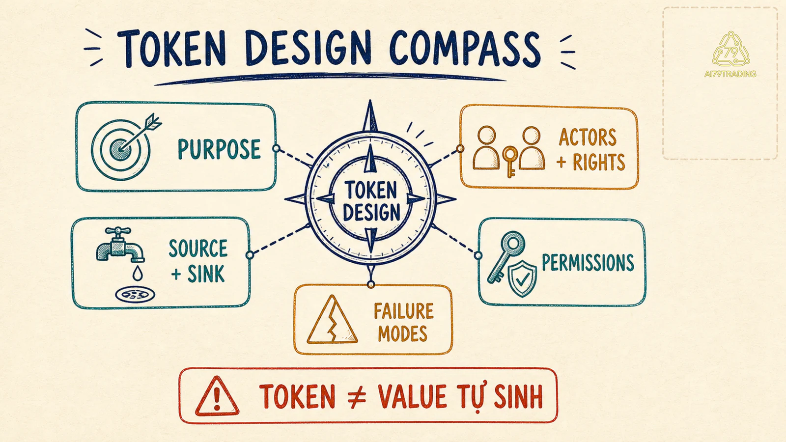 La bàn Token Design gồm purpose, actors và rights, source và sink, permissions và failure modes