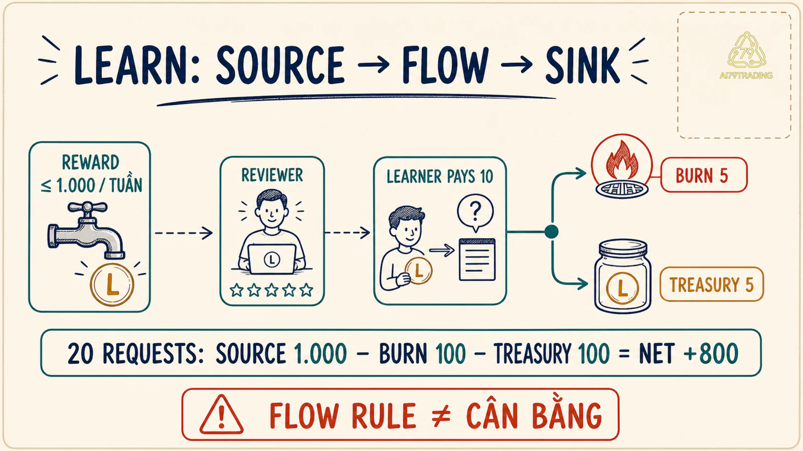 Sơ đồ LEARN đi từ reward source qua reviewer và learner tới burn sink và treasury route