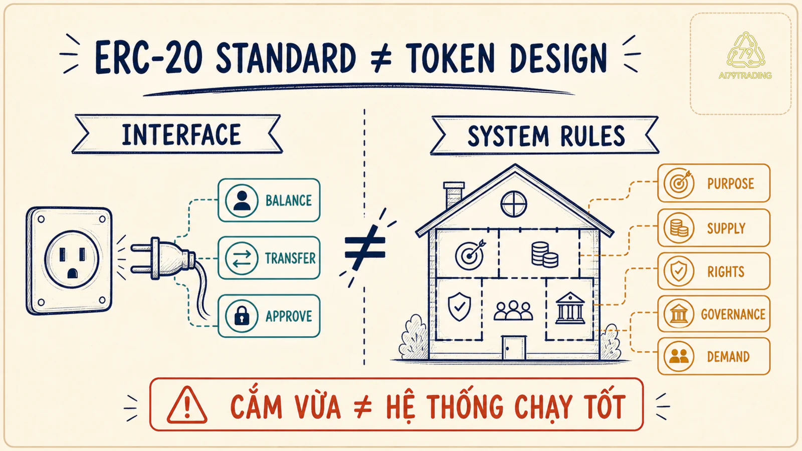 Sơ đồ tách ERC-20 interface kỹ thuật khỏi purpose, supply, rights, governance và demand của hệ thống