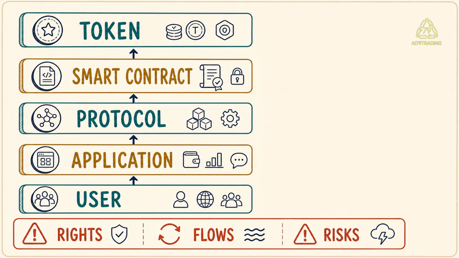 Stack năm lớp từ token và smart contract đến protocol DeFi ứng dụng Web3 và người dùng