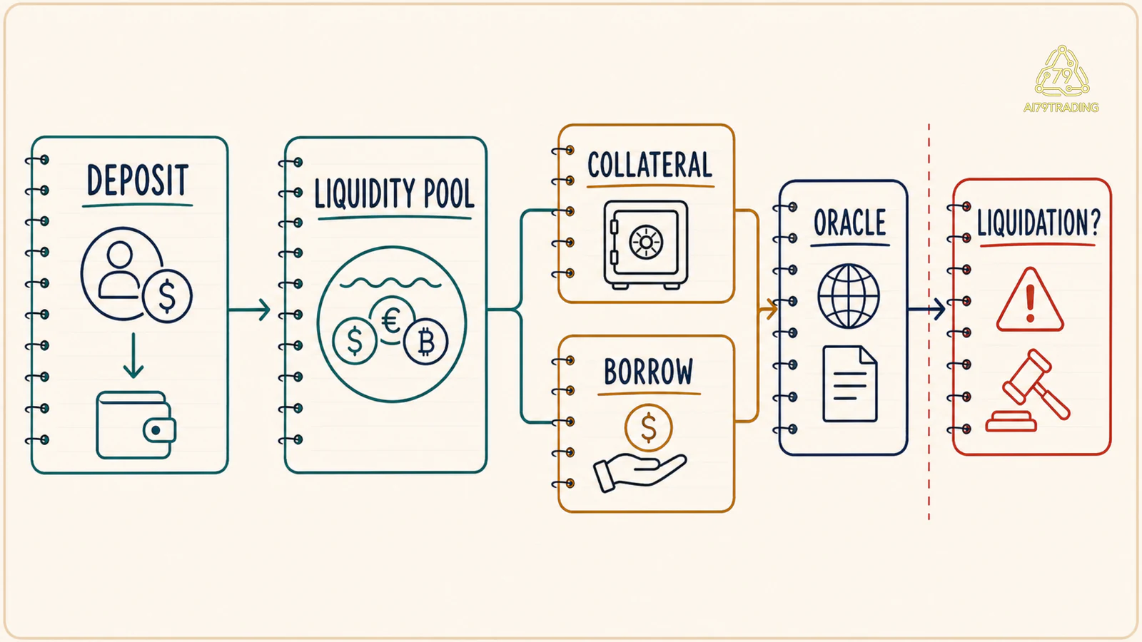 Luồng DeFi từ deposit qua liquidity pool đến collateral borrow repayment và liquidation boundary