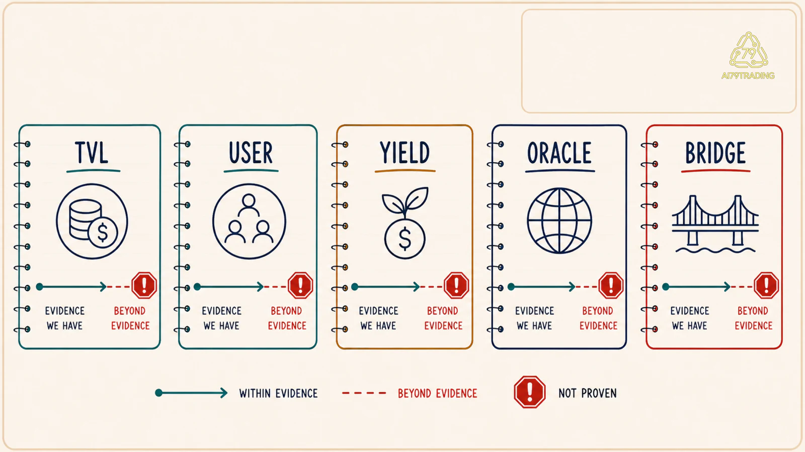 Bảng evidence phân biệt TVL user yield oracle bridge và các kết luận chưa được chứng minh