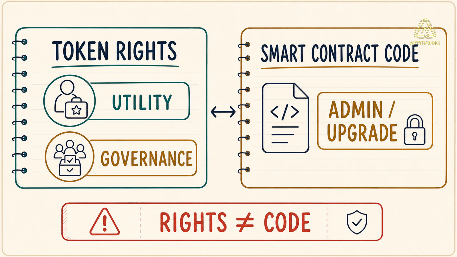 Sơ đồ tách token rights khỏi smart contract code và quyền quản trị