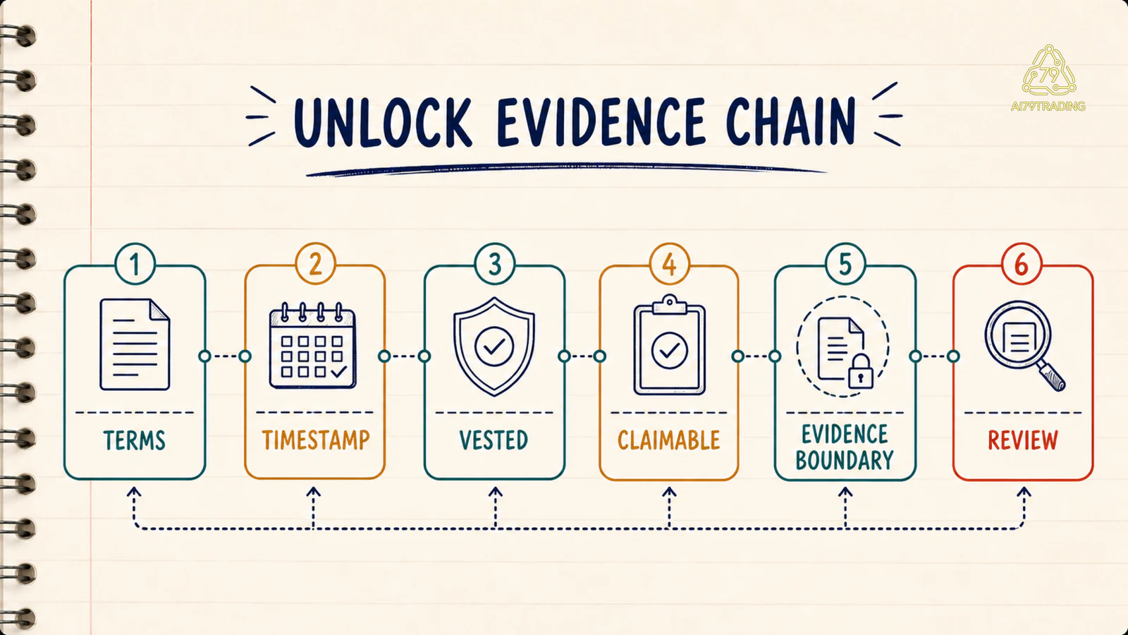 Chuỗi evidence token unlock từ terms timestamp vested claimable đến boundary
