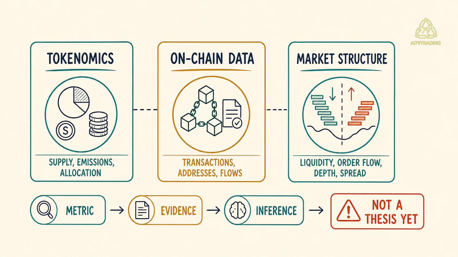 Sơ đồ ba lớp tokenomics on-chain data và market structure nối metric với evidence và inference