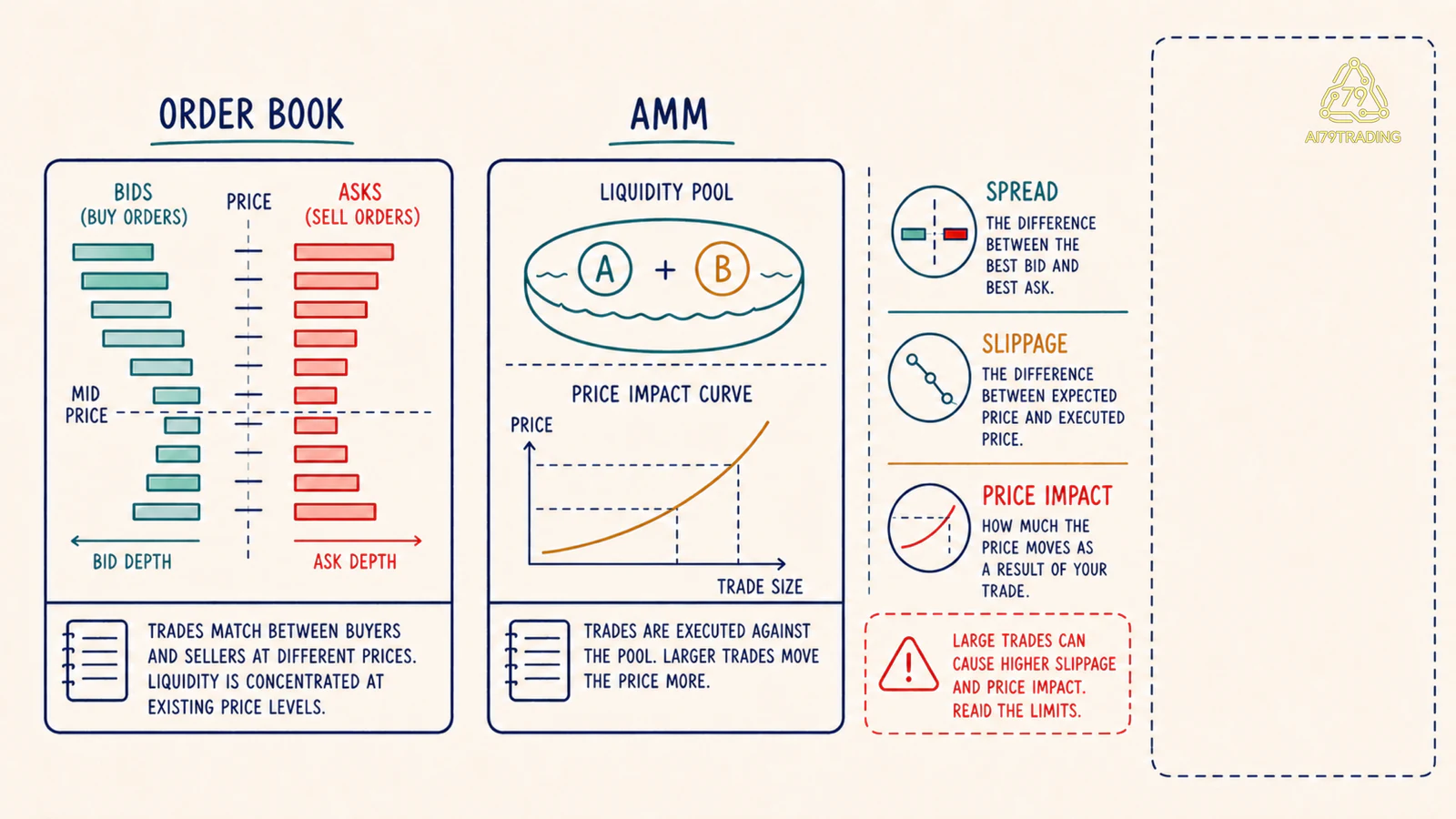 Sơ đồ order book AMM spread slippage và price impact với ranh giới market structure