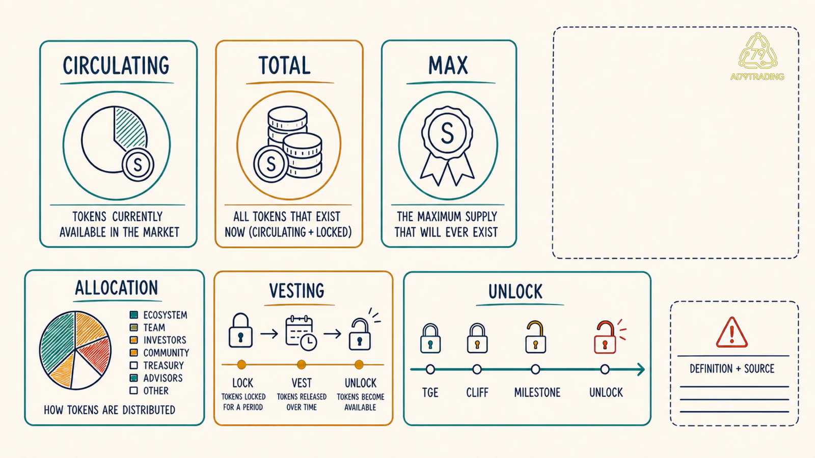 Sơ đồ circulating total max supply allocation vesting và unlock
