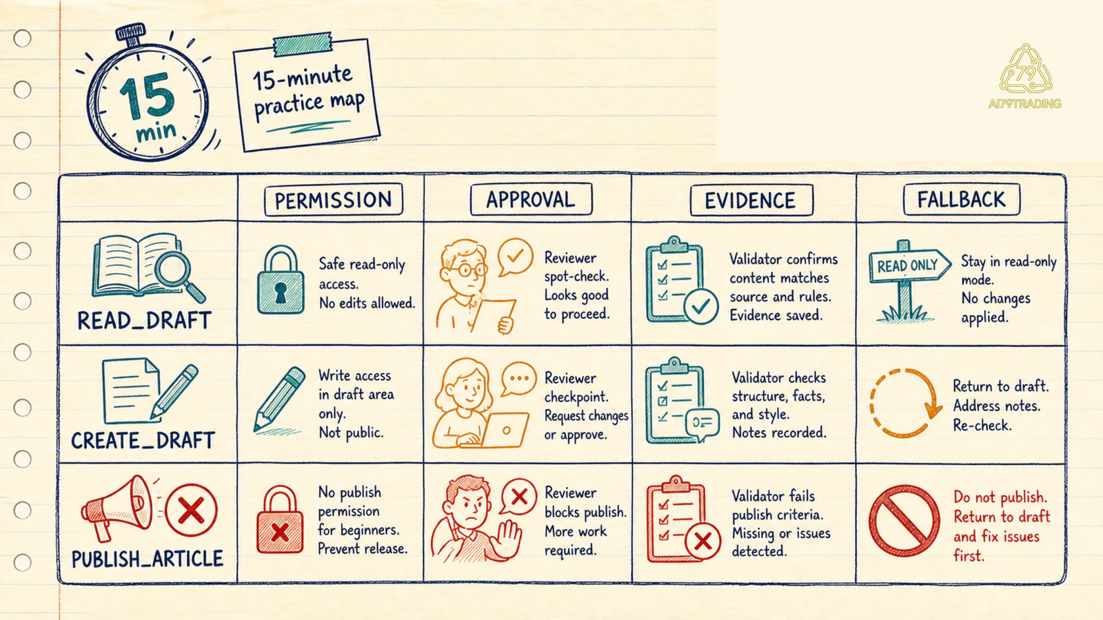 Practice map 15 phút với ba tool giả permission approval evidence và fallback