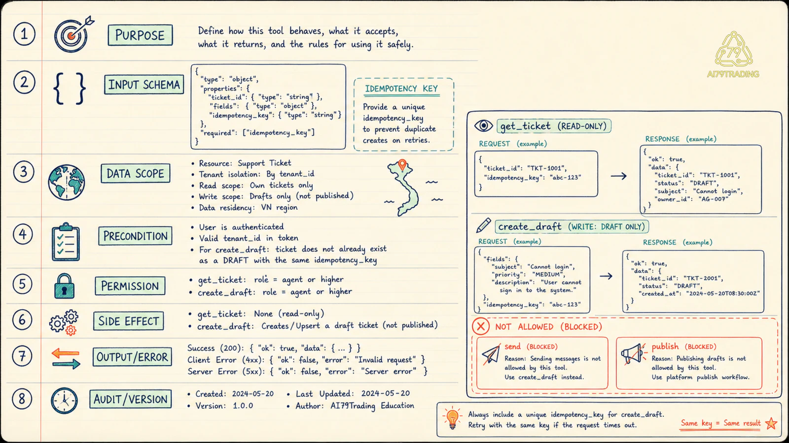 Tool contract với schema precondition permission side effect error audit và version