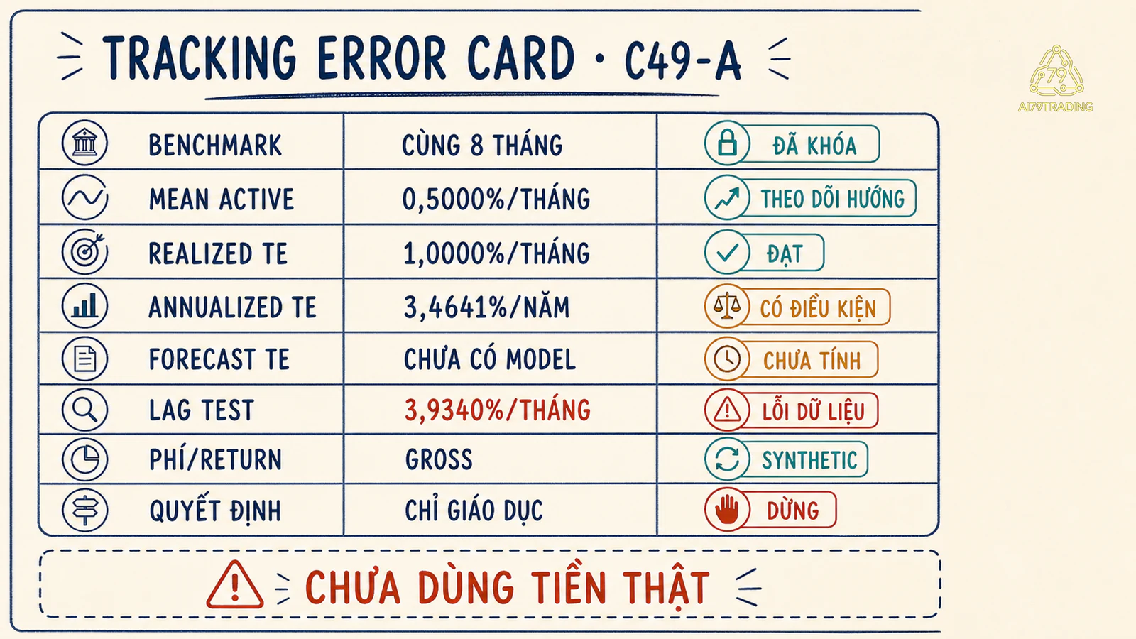 Tracking Error Card ghi benchmark realized forecast annualization và kiểm tra lệch tháng