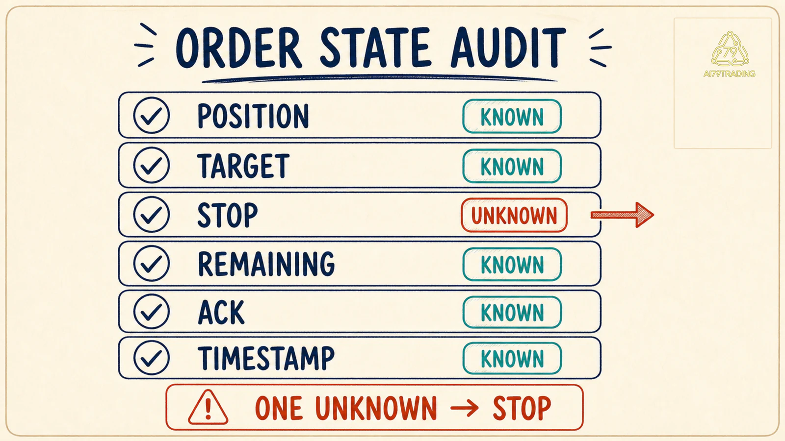 Thẻ audit position, target, stop, remaining quantity, acknowledgement và timestamp
