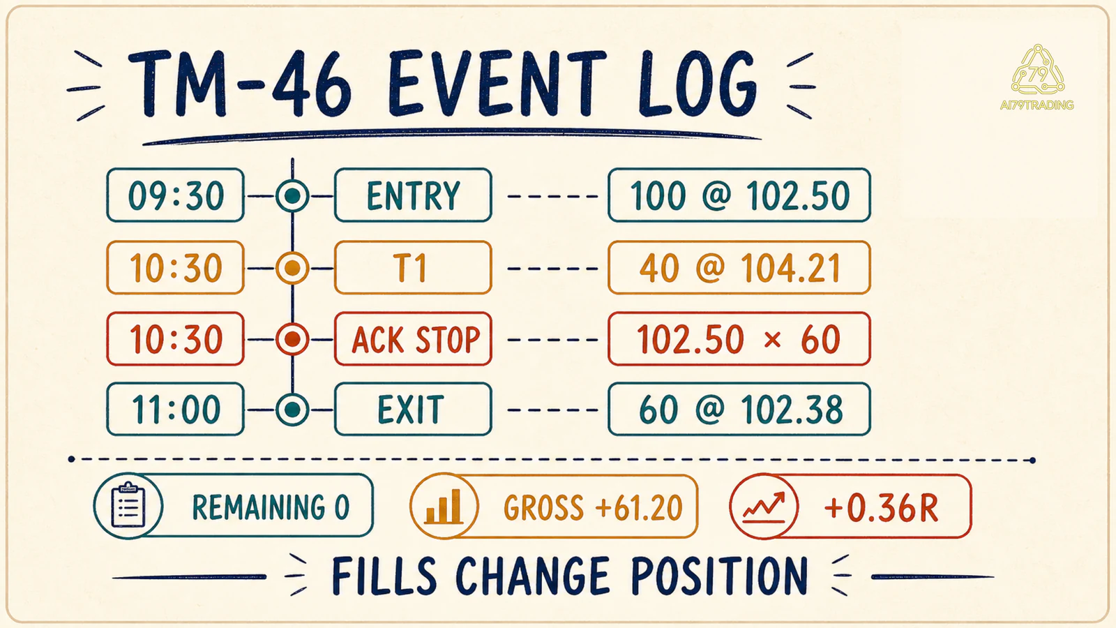 Event Log TM-46 từ entry fill đến partial exit và stop fill