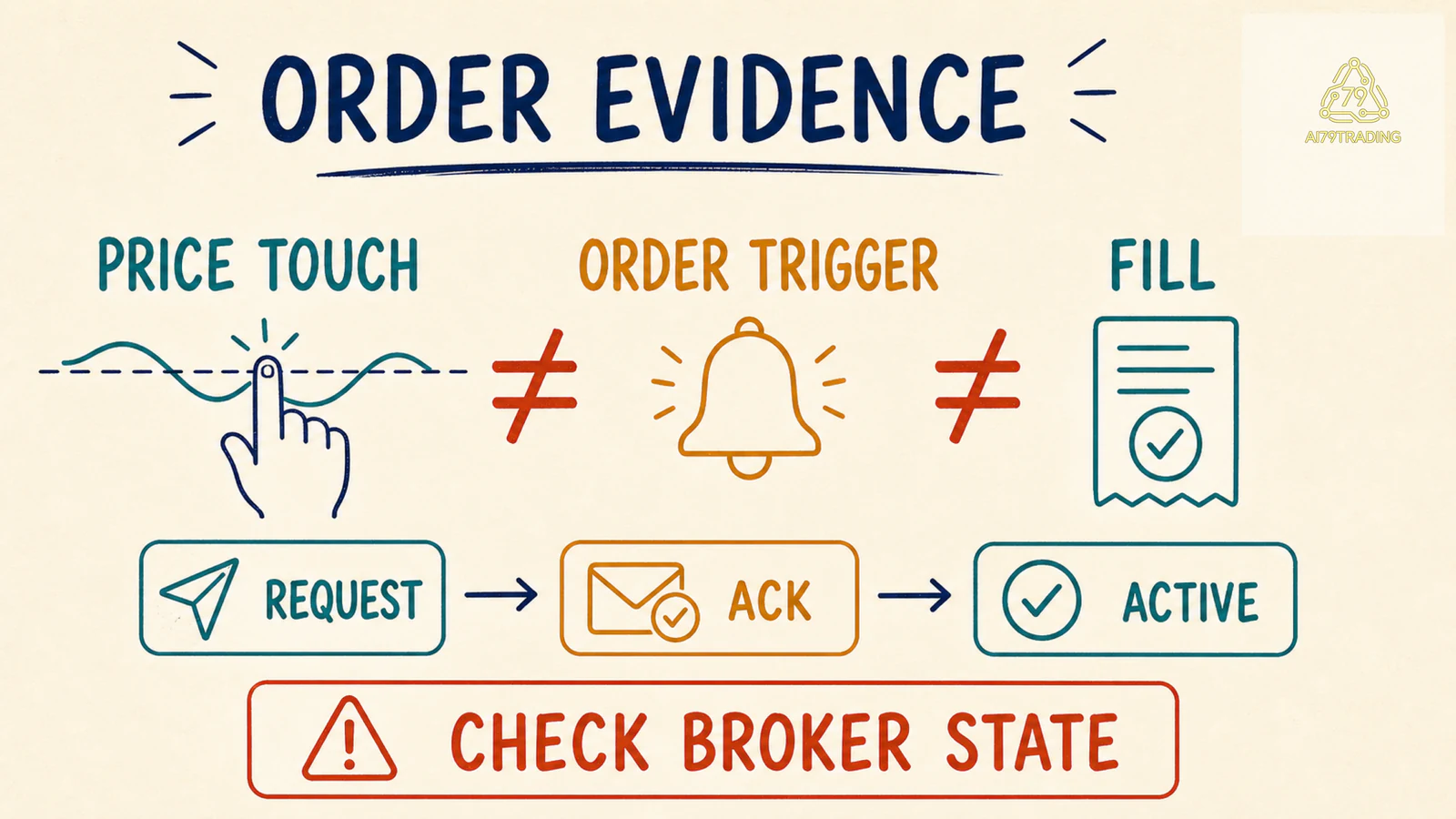 Sơ đồ phân biệt price touch, order trigger, acknowledgement và fill